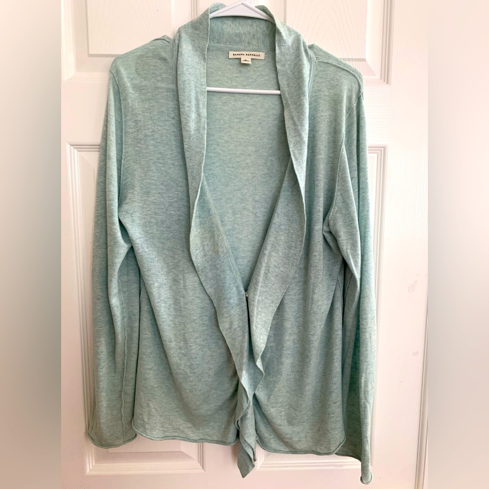 Banana Republic Cardigan: Minty Green, Cotton/Silk, Ruffle, Snap Close L